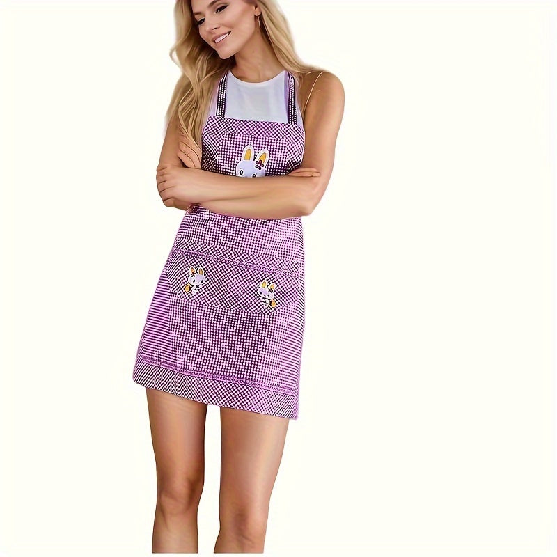 1pc Cute Bunny Apron - Stylish Purple & White Checkered Design with Rabbit Ears, Breathable Polyester for Cooking and Dining, Kitchen Wear