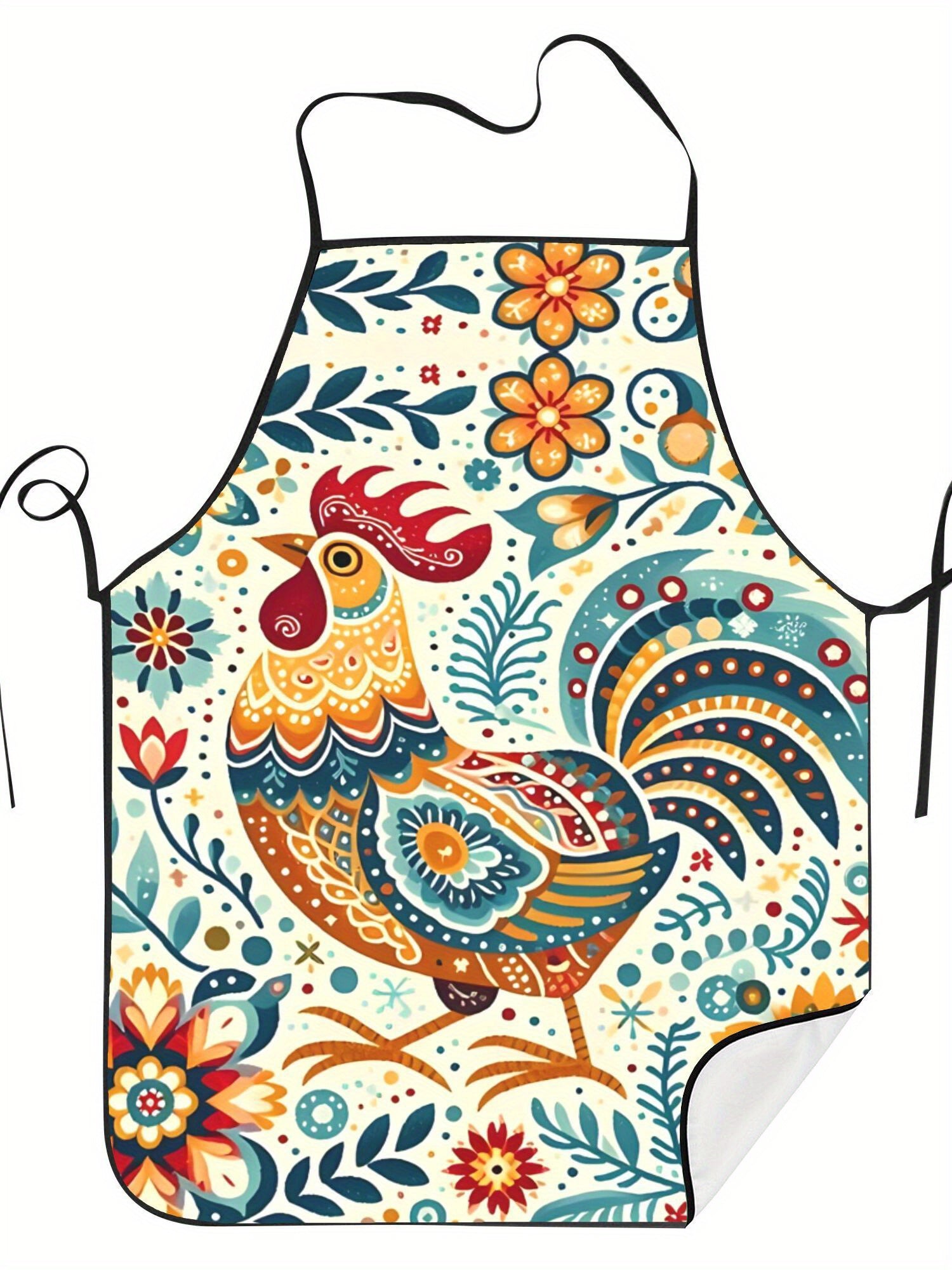Printed Apron, Swedish Flower Hen Design, Vibrant Rooster & Floral Pattern, Lightweight Woven Fabric, Ideal for Kitchen & Restaurant Use, Vibrant Apron|Floral Pattern Apron|Durable Apron, Apron