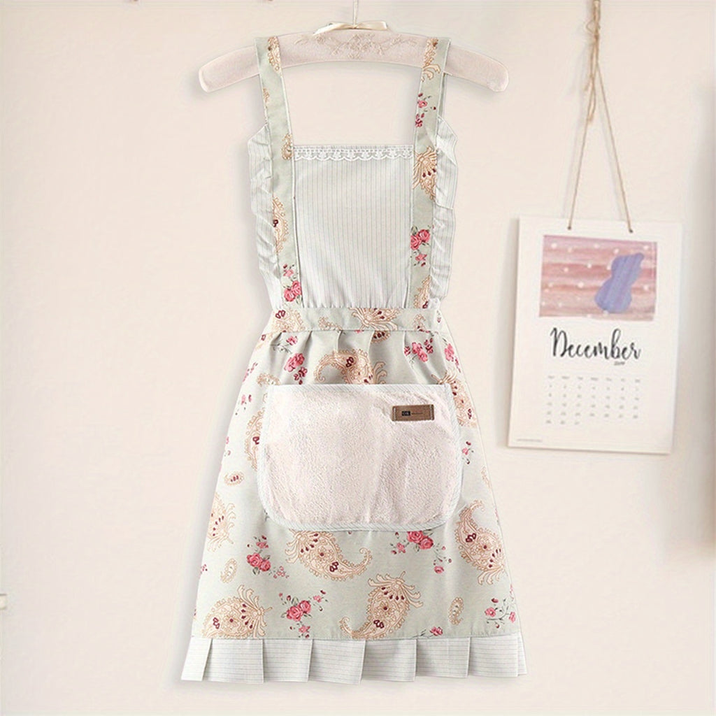 Women Kitchen Aprons Waist Strap Floral Cooking Baking Cleaning Apron with One Big Pocket