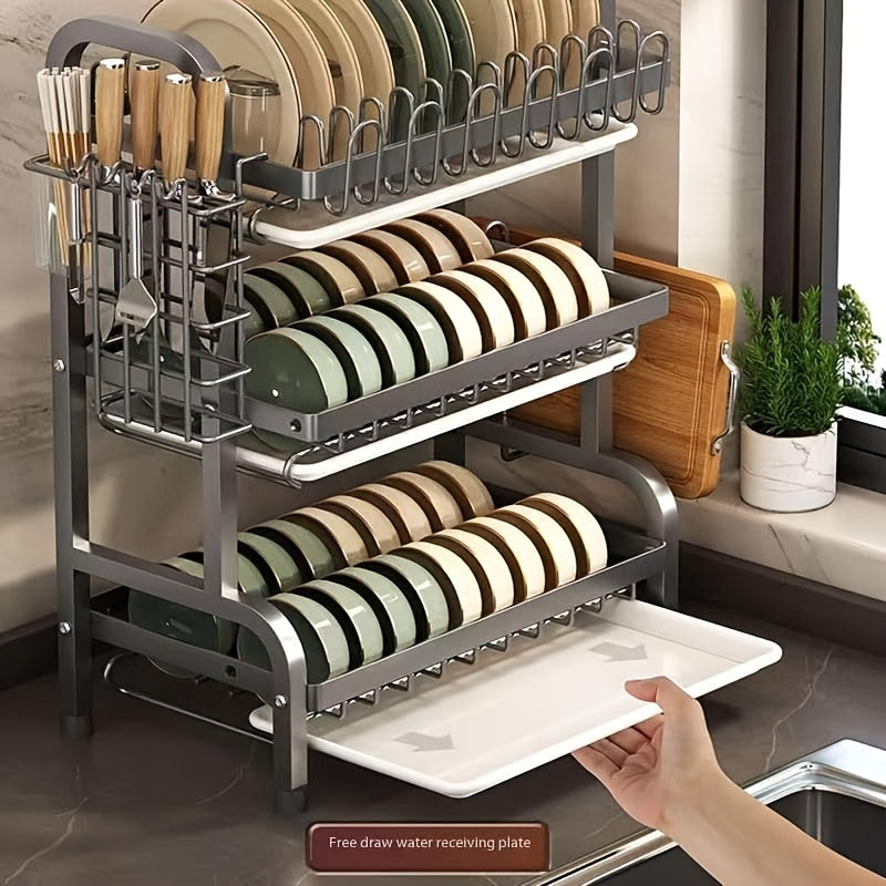 1pc Large Kitchen Double Layer Storage Rack, Quick Drain Multi Layer Storage, with Knife and Fork Holder, Cutting Board Holder, No Wet Tabletop - Multifunctional Tableware Rack, Suitable for Bowls, Plates and Tableware, etc
