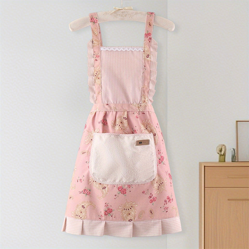 Women Kitchen Aprons Waist Strap Floral Cooking Baking Cleaning Apron with One Big Pocket