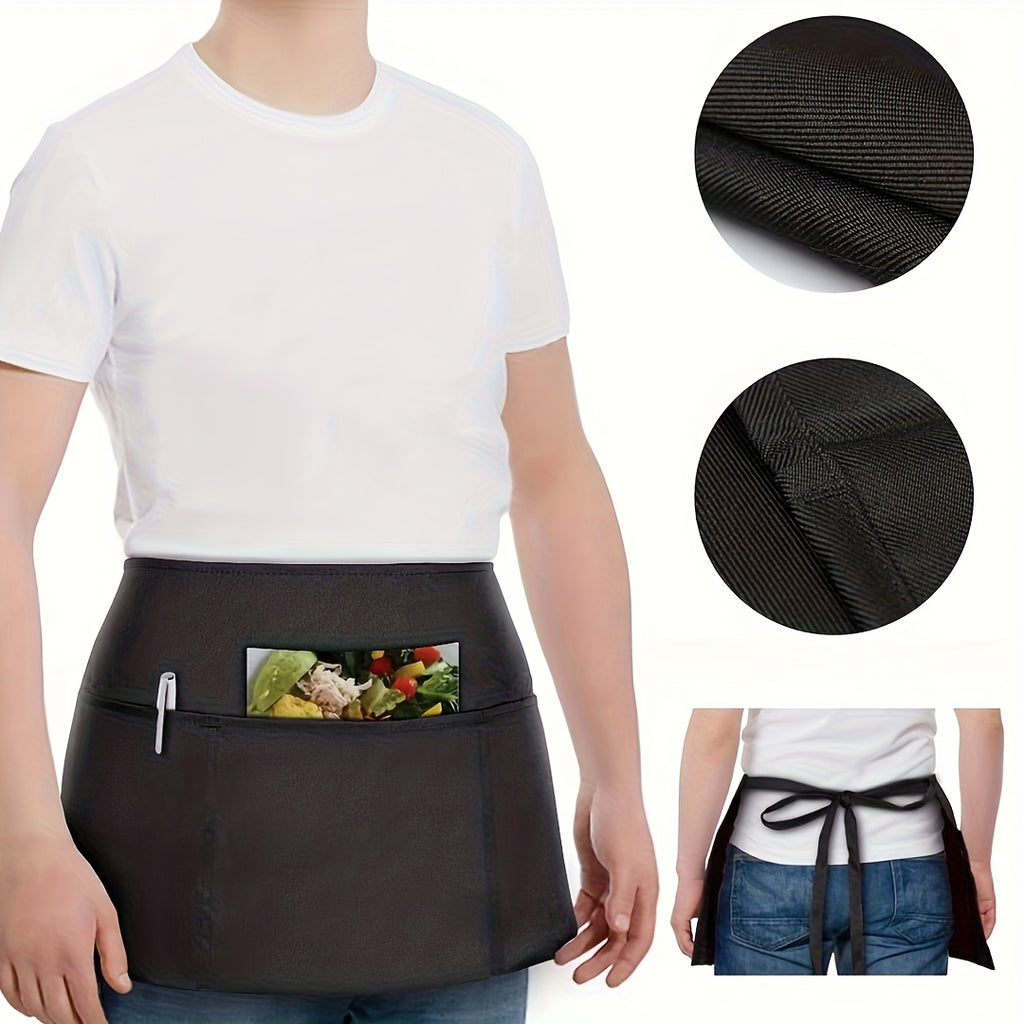 1pc Black Server Apron with 3 Pockets - Oil-Resistant Half Body Waist Skirt for Waitresses, Chefs, and Gardeners - Ideal for Cooking, Baking, and Seamstress Work