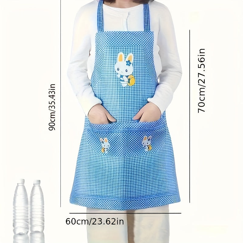 1pc Cute Bunny Apron - Stylish Purple & White Checkered Design with Rabbit Ears, Breathable Polyester for Cooking and Dining, Kitchen Wear